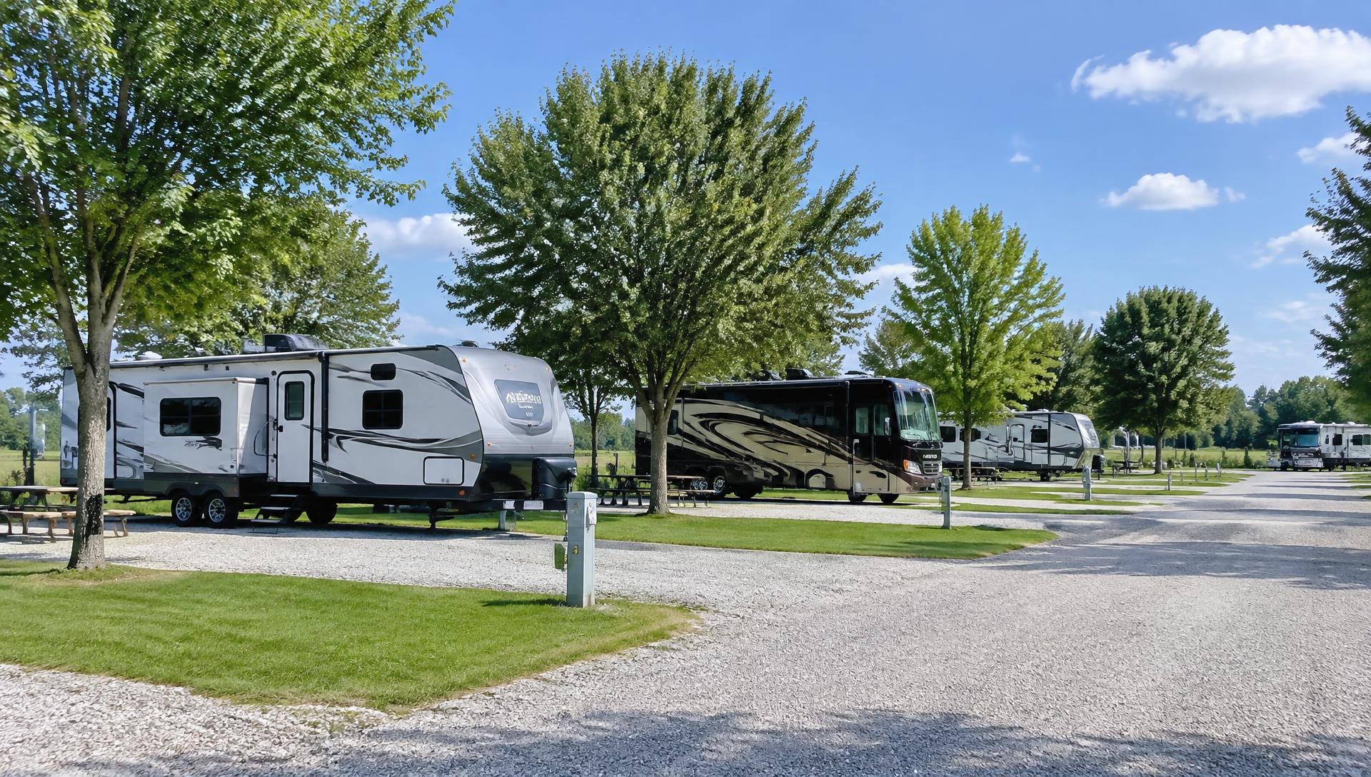 Travel trailers and motorhomes on level gravel sites at Wilcox RV Park
