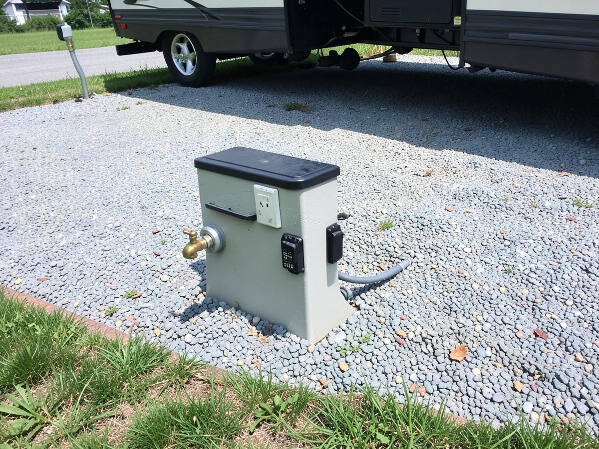 Utility pedestal with 30 and 50 amp outlets, water and sewer hookups on a gravel pad